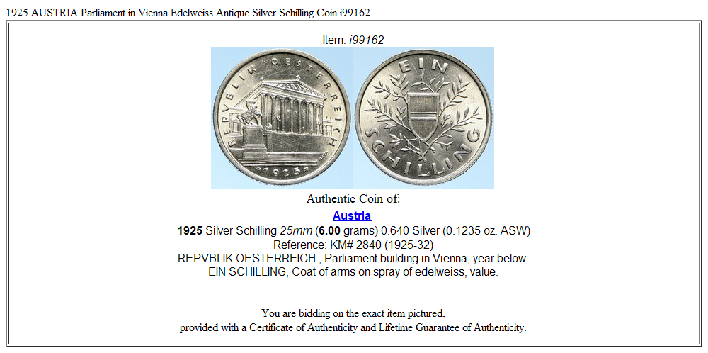 1925 AUSTRIA Parliament in Vienna Edelweiss Antique Silver Schilling Coin i99162