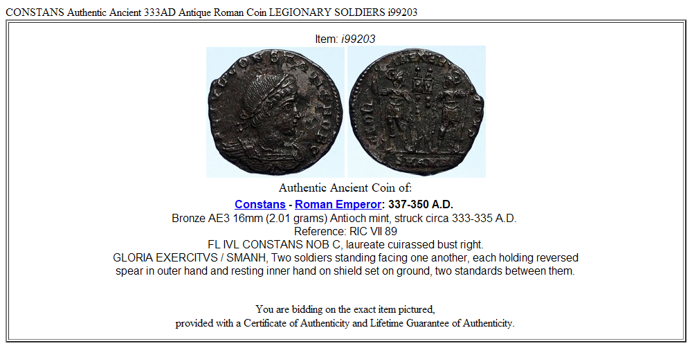 CONSTANS Authentic Ancient 333AD Antique Roman Coin LEGIONARY SOLDIERS i99203