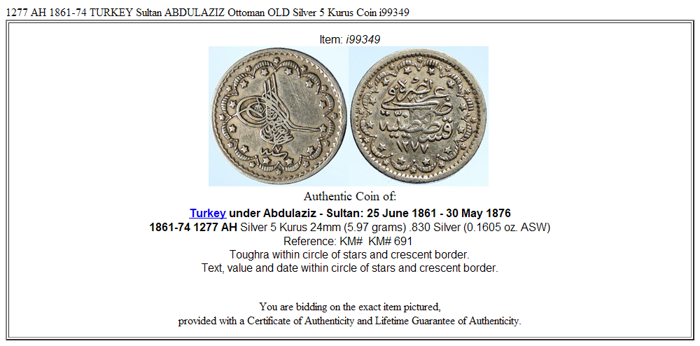 1277 AH 1861-74 TURKEY Sultan ABDULAZIZ Ottoman OLD Silver 5 Kurus Coin i99349