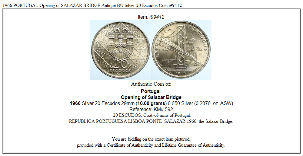 1966 PORTUGAL Opening of SALAZAR BRIDGE Antique BU Silver 20 Escudos Coin i99412