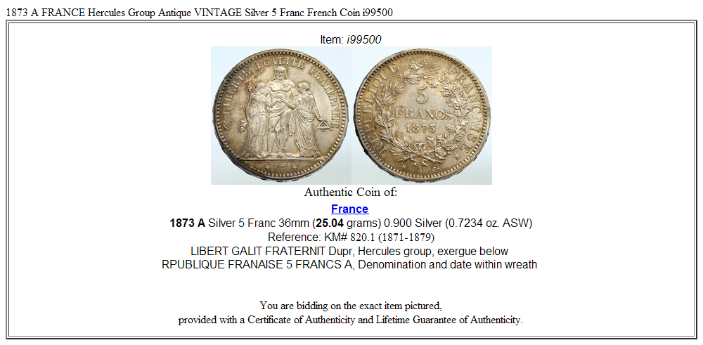 1873 A FRANCE Hercules Group Antique VINTAGE Silver 5 Franc French Coin i99500