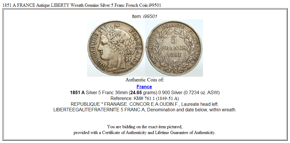 1851 A FRANCE Antique LIBERTY Wreath Genuine Silver 5 Franc French Coin i99501