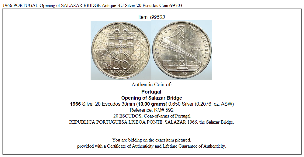 1966 PORTUGAL Opening of SALAZAR BRIDGE Antique BU Silver 20 Escudos Coin i99503