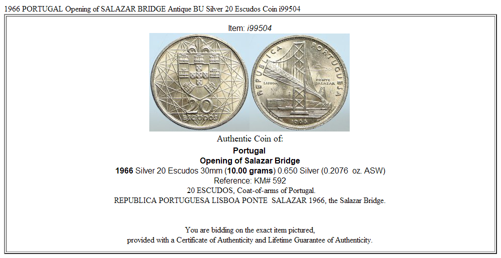 1966 PORTUGAL Opening of SALAZAR BRIDGE Antique BU Silver 20 Escudos Coin i99504