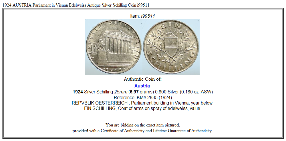 1924 AUSTRIA Parliament in Vienna Edelweiss Antique Silver Schilling Coin i99511