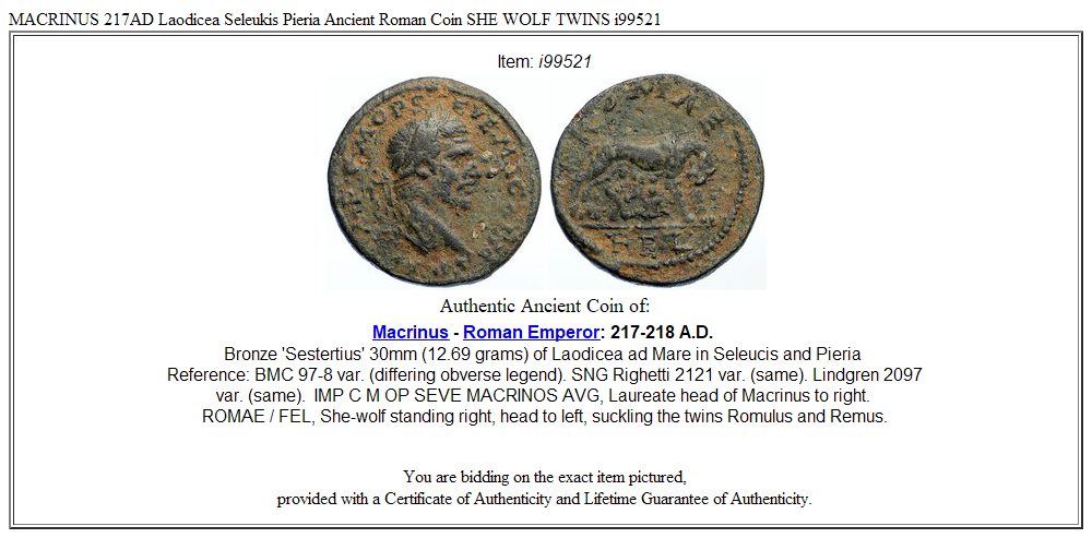 MACRINUS 217AD Laodicea Seleukis Pieria Ancient Roman Coin SHE WOLF TWINS i99521