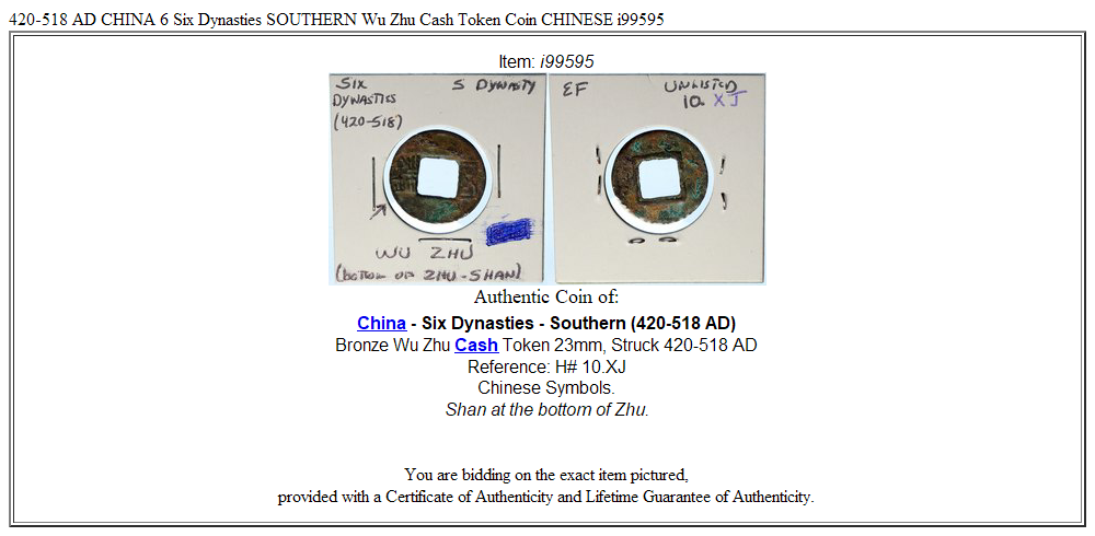 420-518 AD CHINA 6 Six Dynasties SOUTHERN Wu Zhu Cash Token Coin CHINESE i99595