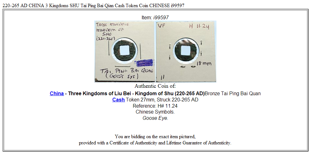 220-265 AD CHINA 3 Kingdoms SHU Tai Ping Bai Qian Cash Token Coin CHINESE i99597