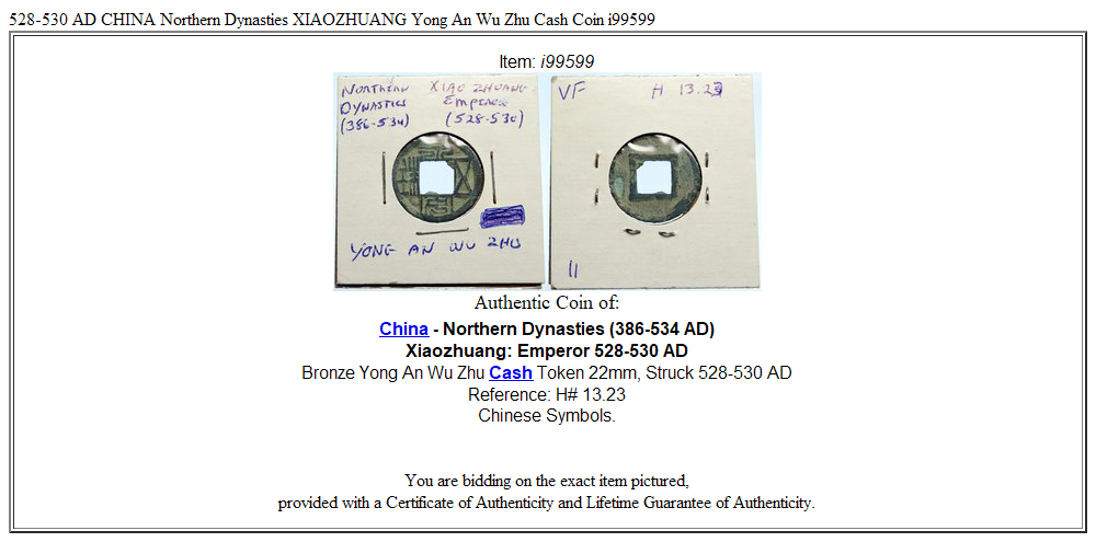 528-530 AD CHINA Northern Dynasties XIAOZHUANG Yong An Wu Zhu Cash Coin i99599