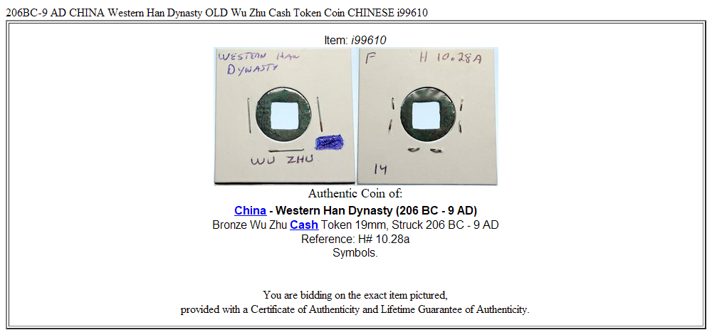 206BC-9 AD CHINA Western Han Dynasty OLD Wu Zhu Cash Token Coin CHINESE i99610