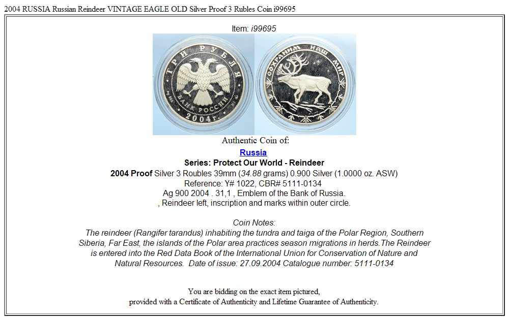 2004 RUSSIA Russian Reindeer VINTAGE EAGLE OLD Silver Proof 3 Rubles Coin i99695