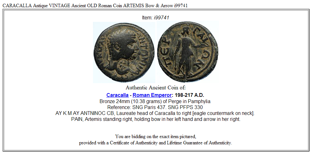 CARACALLA Antique VINTAGE Ancient OLD Roman Coin ARTEMIS Bow & Arrow i99741