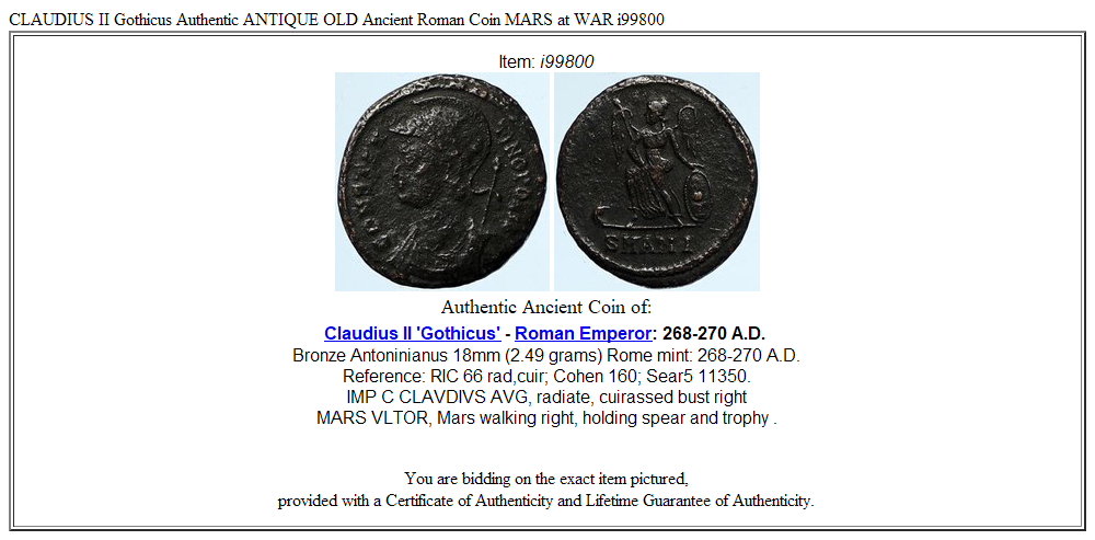 CLAUDIUS II Gothicus Authentic ANTIQUE OLD Ancient Roman Coin MARS at WAR i99800