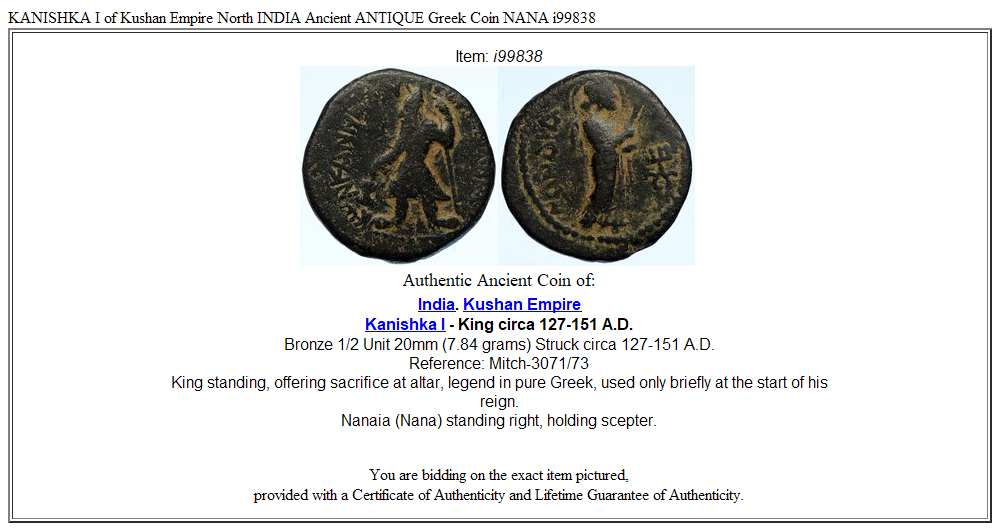 KANISHKA I of Kushan Empire North INDIA Ancient ANTIQUE Greek Coin NANA i99838