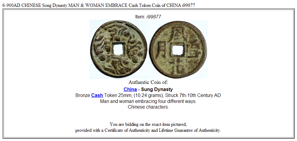 6-900AD CHINESE Song Dynasty MAN & WOMAN EMBRACE Cash Token Coin of CHINA i99877