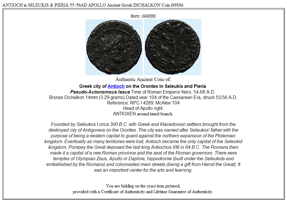 ANTIOCH in SELEUKIS & PIERIA 55-56AD APOLLO Ancient Greek DICHALKON Coin i99886