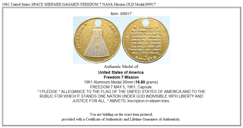 1961 United States SPACE SHEPARD GAGARIN FREEDOM 7 NASA Mission OLD Medal i99917