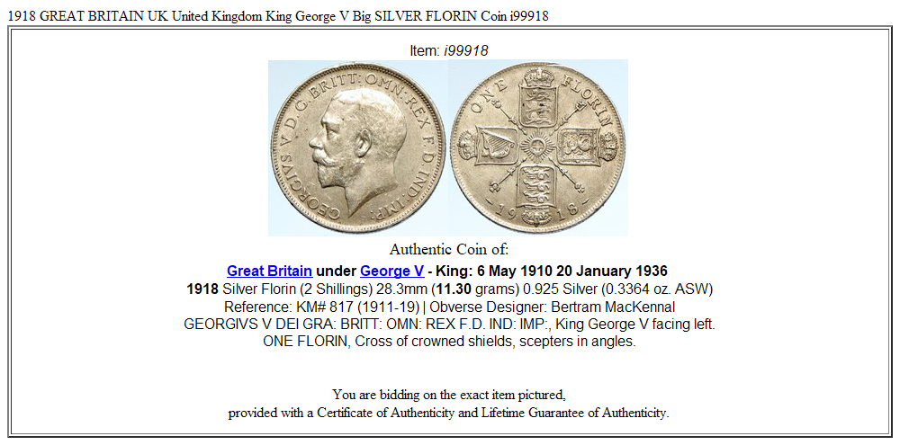 1918 GREAT BRITAIN UK United Kingdom King George V Big SILVER FLORIN Coin i99918