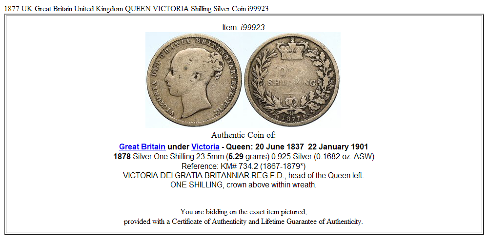 1877 UK Great Britain United Kingdom QUEEN VICTORIA Shilling Silver Coin i99923