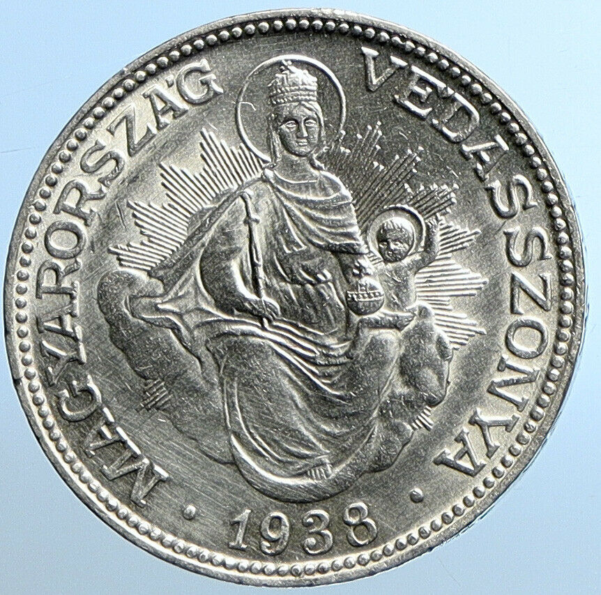 1938 HUNGARY Miklós Horthy MADONNA CHILD Antique OLD Silver 2 Pengo Coin i109840