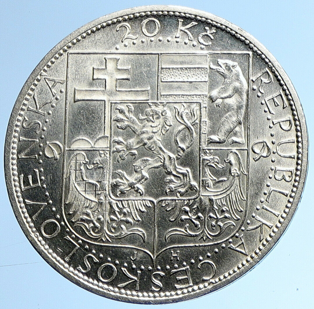 1937 CZECHOSLOVAKIA President Masaryk VINTAGE OLD Silver 20 Korun Coin i109896