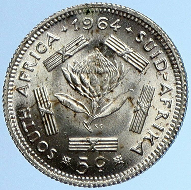 1964 SOUTH AFRICA Jan van Riebeeck & Flower Vintage Silver 5 Cents Coin i109919