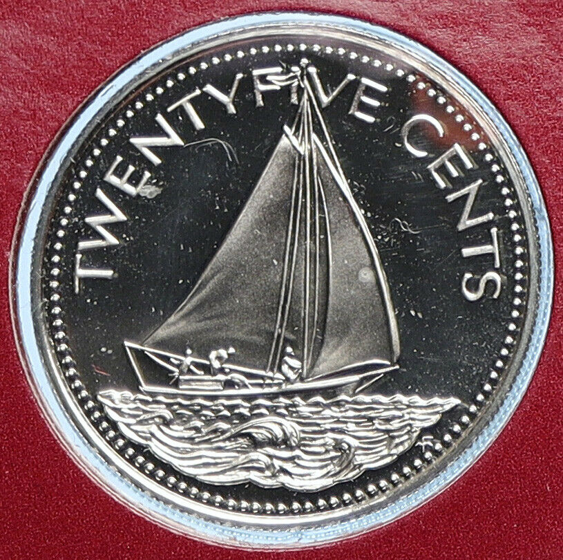 1976 BAHAMAS UK Queen Elizabeth II BOHEMIAN SAILBOAT Proof 25 Cents Coin i109922