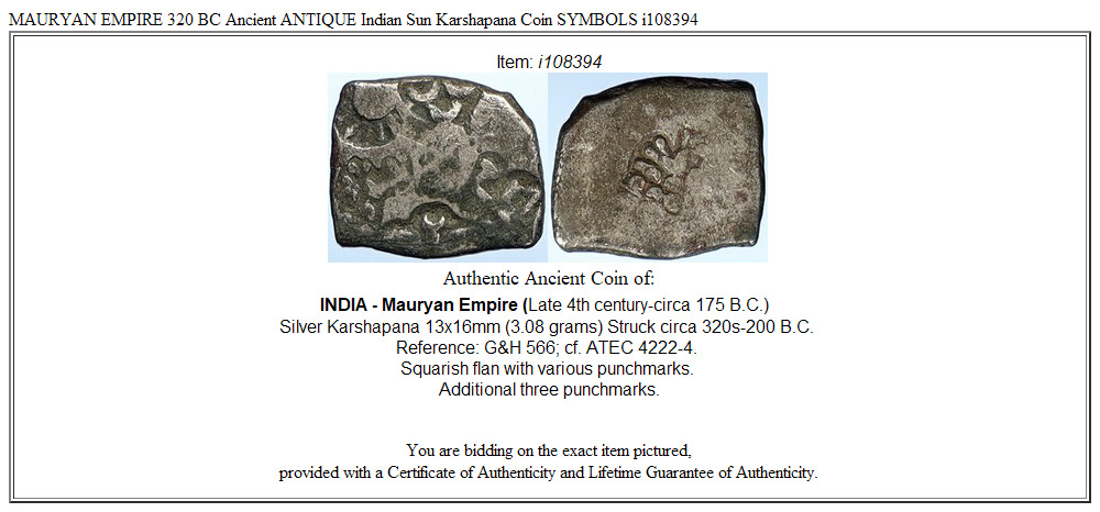 MAURYAN EMPIRE 320 BC Ancient ANTIQUE Indian Sun Karshapana Coin SYMBOLS i108394