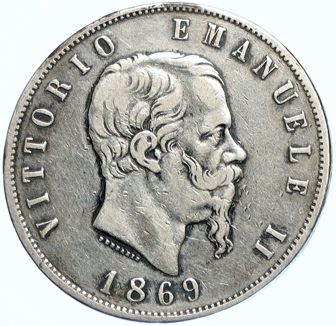 1869 M BN ITALY King Victor Emmanuel II Silver 5 Lire Old ITALIAN Coin i110055