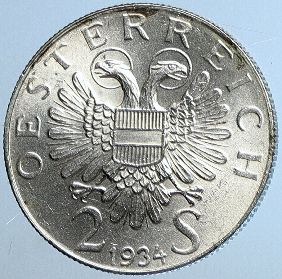 1934 AUSTRIA Hero Engelbert Dollfuss Eagle OLD Silver 2 Shilling Coin i109725