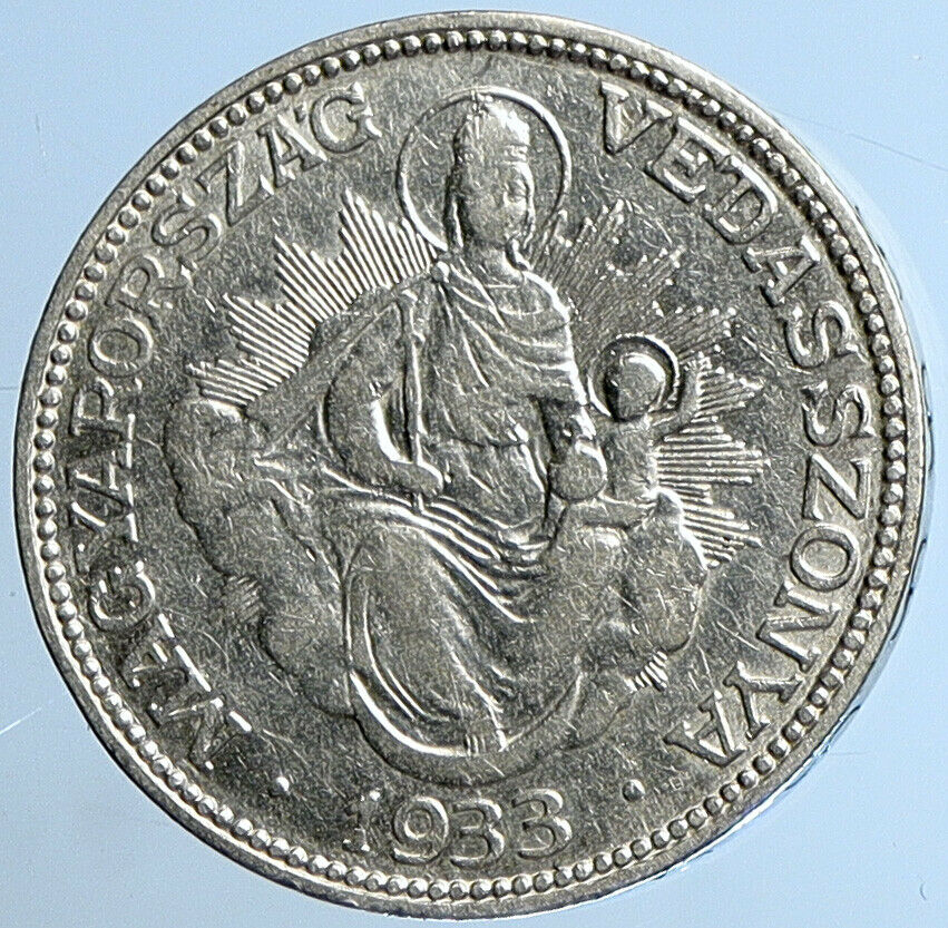 1933 HUNGARY Miklós Horthy MADONNA CHILD Antique OLD Silver 2 Pengo Coin i109719