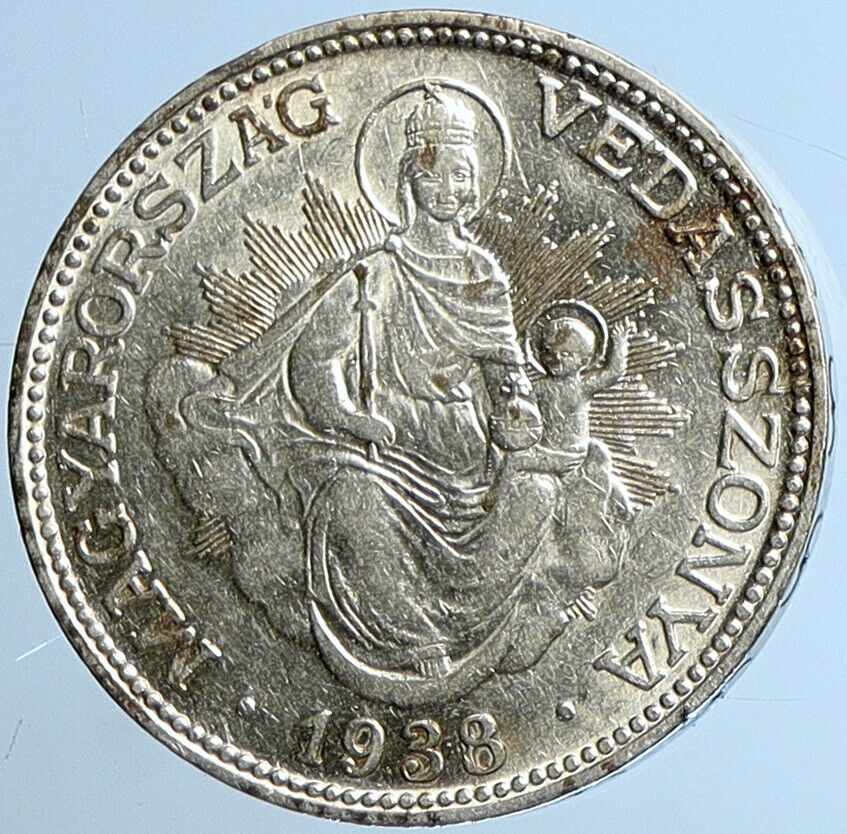 1938 HUNGARY Miklós Horthy MADONNA CHILD Antique OLD Silver 2 Pengo Coin i109721