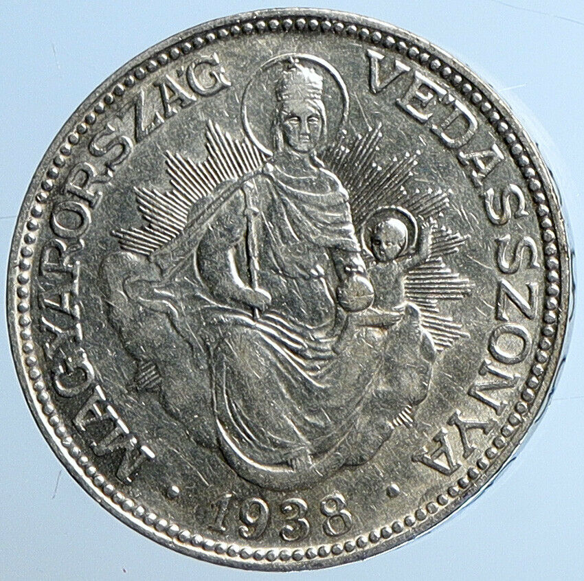 1938 HUNGARY Miklós Horthy MADONNA CHILD Antique OLD Silver 2 Pengo Coin i109716