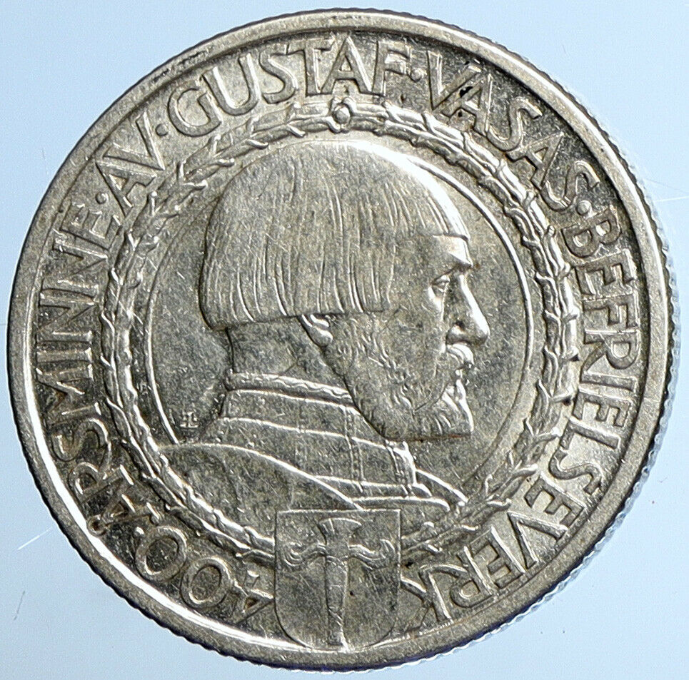 1921 Sweden GUSTAF I Liberation War Anniversary Antique Silver 2 Kr Coin i109713