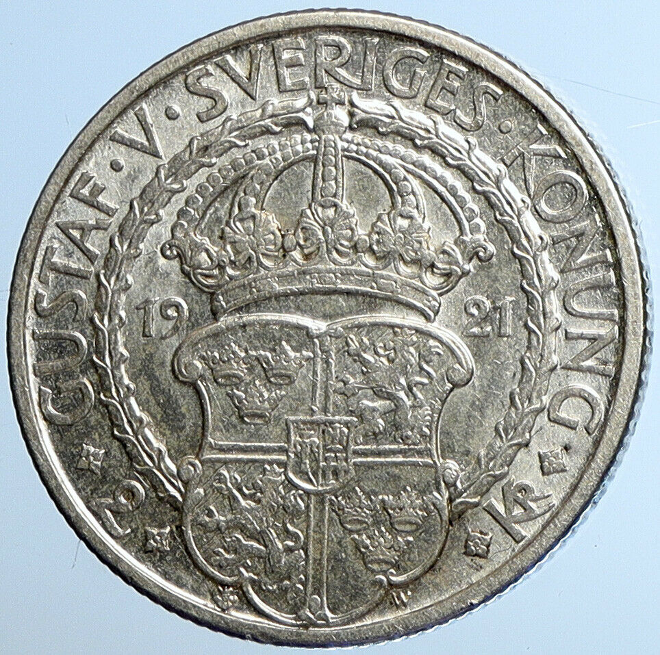 1921 Sweden GUSTAF I Liberation War Anniversary Antique Silver 2 Kr Coin i109713