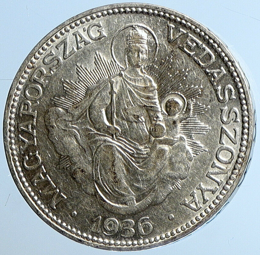 1936 HUNGARY Miklós Horthy MADONNA CHILD Antique OLD Silver 2 Pengo Coin i109718