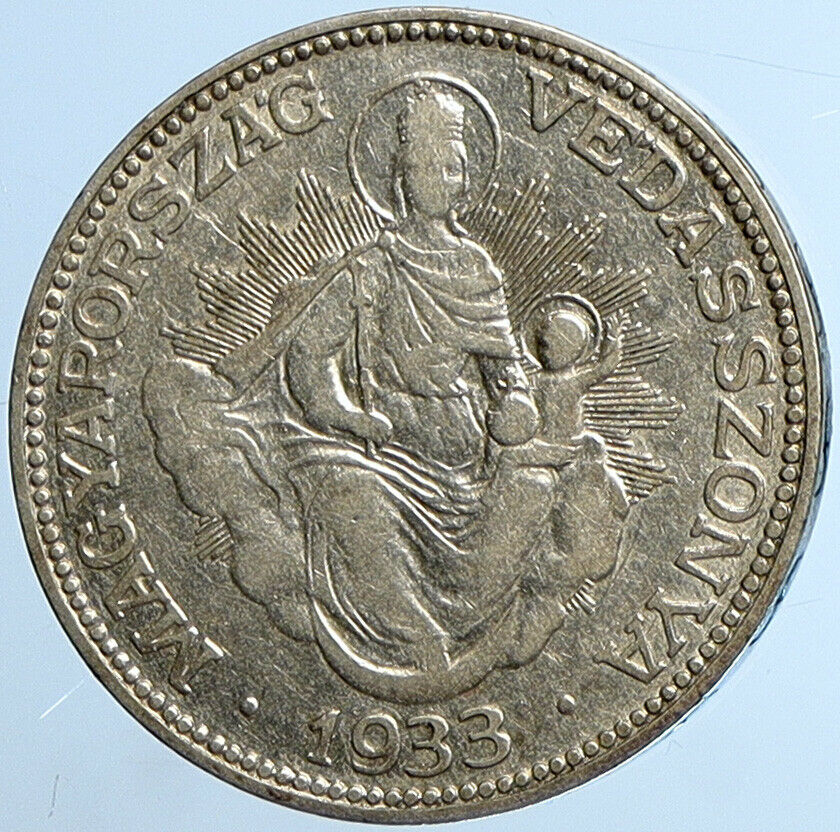 1933 HUNGARY Miklós Horthy MADONNA CHILD Antique OLD Silver 2 Pengo Coin i109720