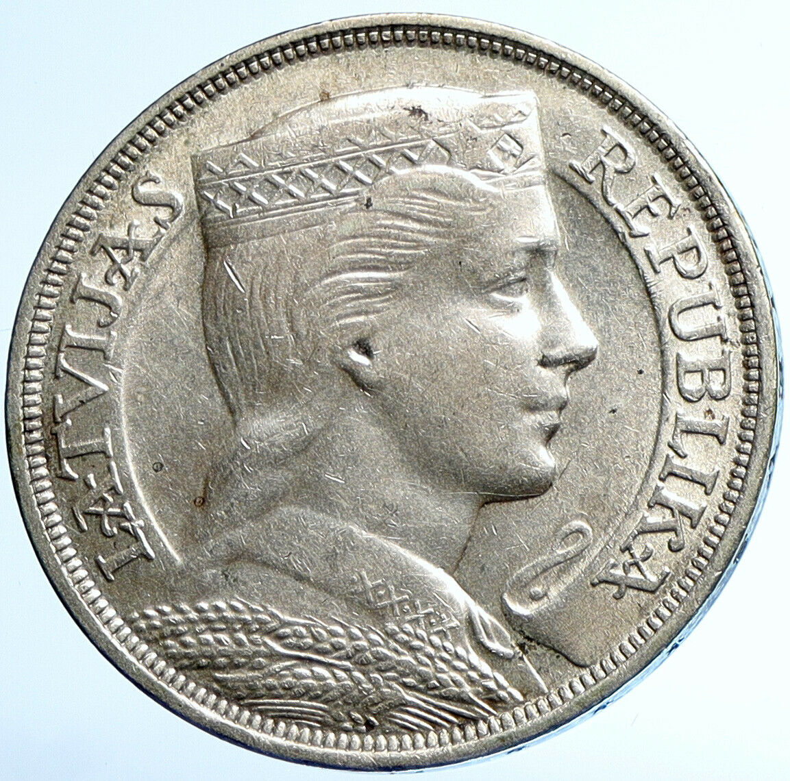 1931 LATVIA w Female Headwear 5 Lati LARGE Vintage Silver European Coin i110053