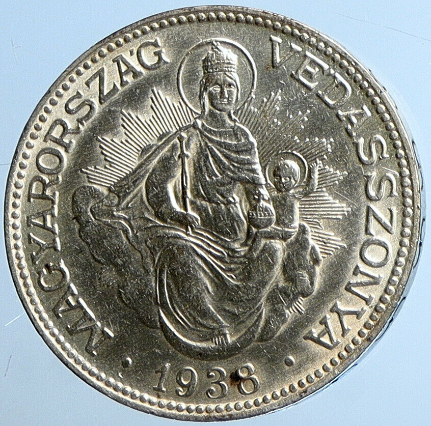 1938 HUNGARY Miklós Horthy MADONNA CHILD Antique OLD Silver 2 Pengo Coin i109715