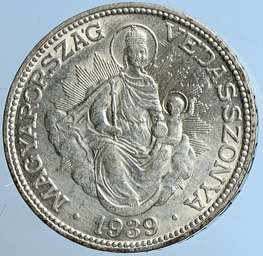 1939 HUNGARY Miklós Horthy MADONNA CHILD Antique OLD Silver 2 Pengo Coin i109717