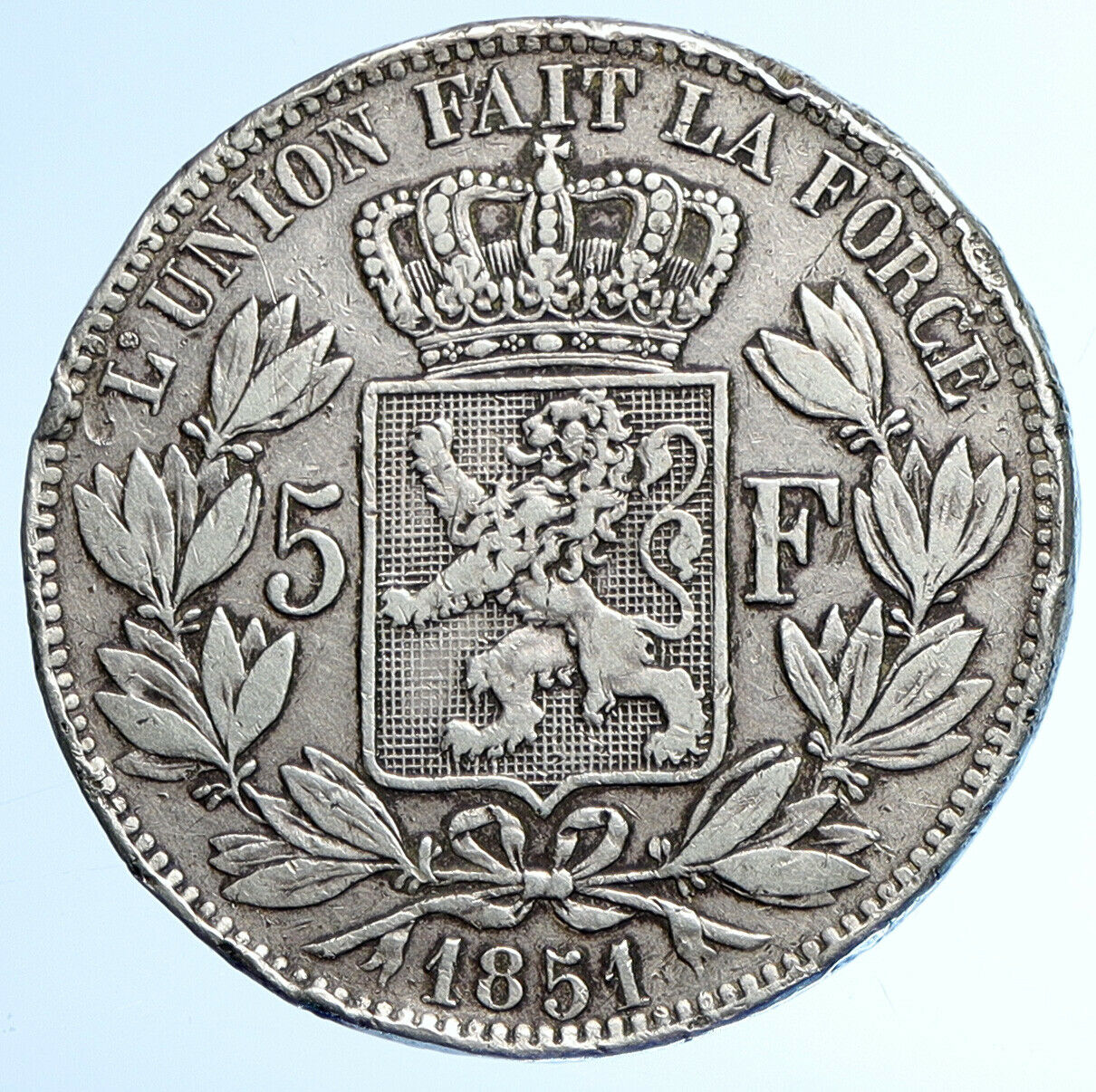 1851 BELGIUM King Leopold I VINTAGE ANTIQUE Silver 5 Francs Belgian Coin i110028