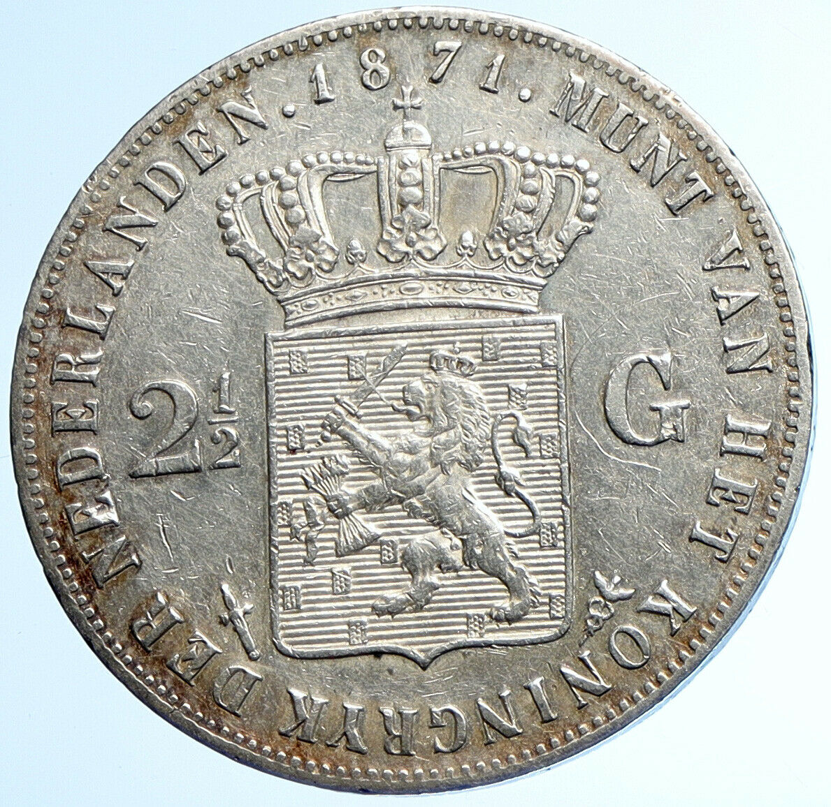 1874 Netherlands King WILLIAM III Crown ANTIQUE Silver 2 1/2 Gulden Coin i110060