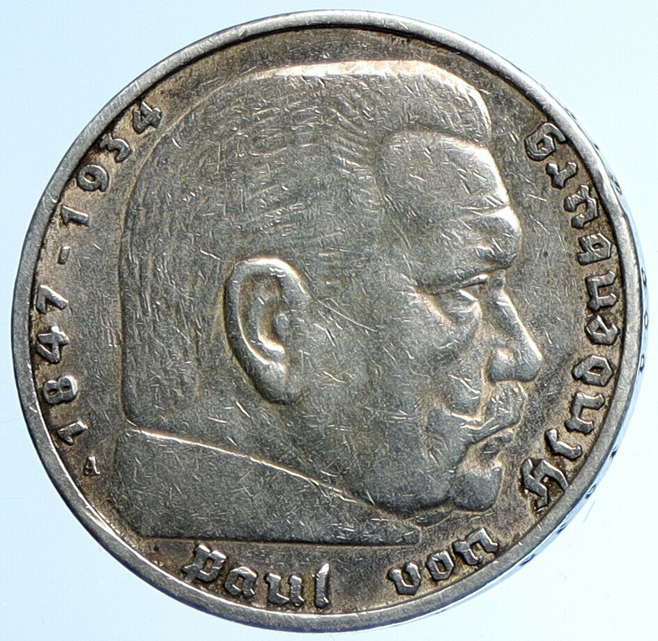 1936 A Germany 2 President Paul von Hindenburg Silver German 5 Mark Coin i110029