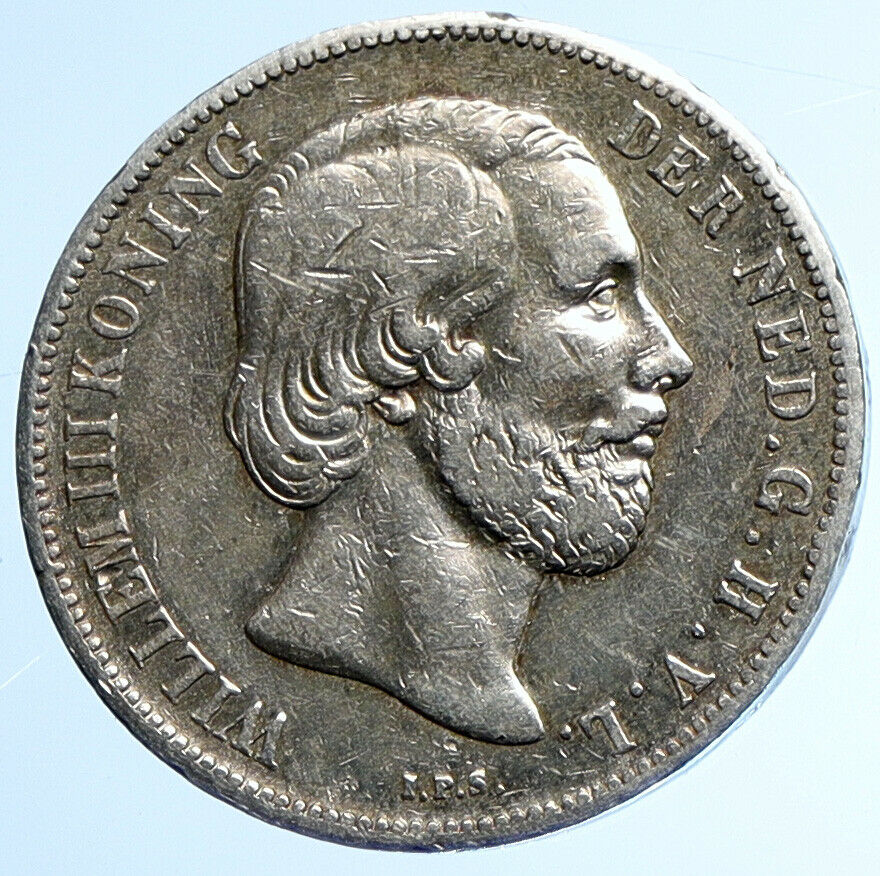 1865 Netherlands King WILLIAM III Crown ANTIQUE OLD Silver 1 Gulden Coin i110033