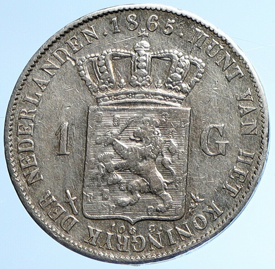 1865 Netherlands King WILLIAM III Crown ANTIQUE OLD Silver 1 Gulden Coin i110033