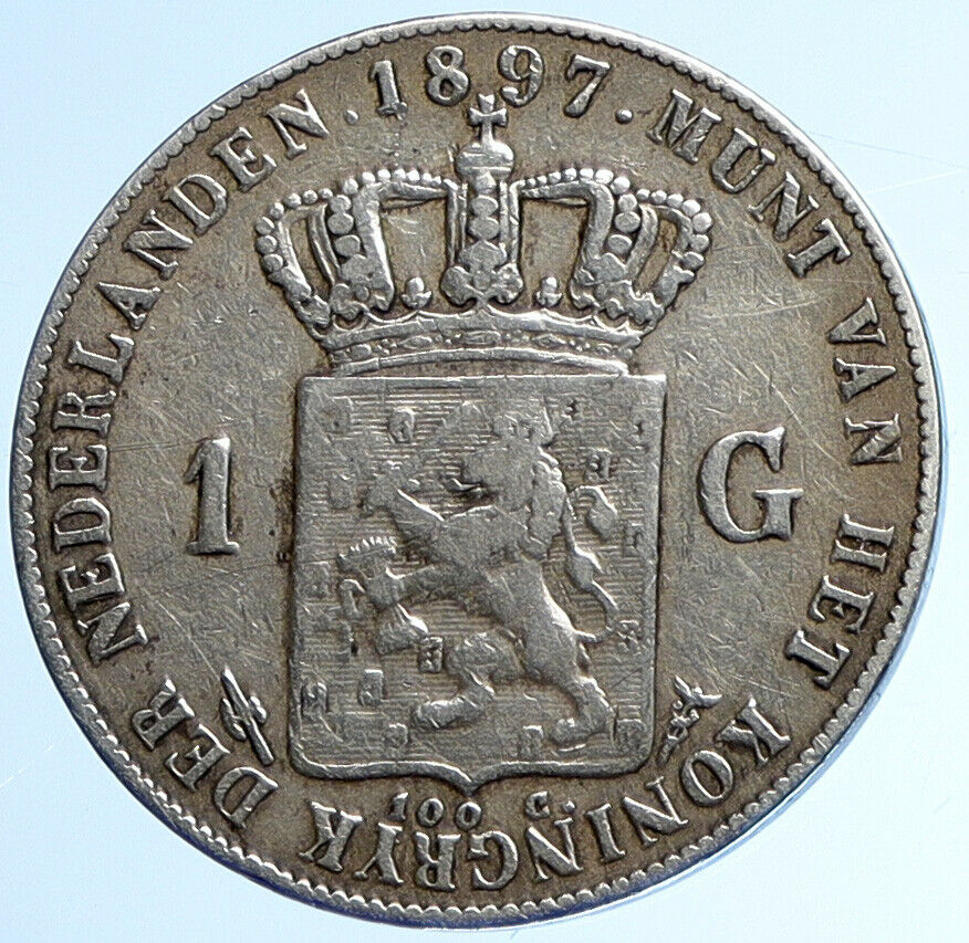 1897 Netherlands Kingdom w Queen WILHELMINA Rare Silver 1 Gulden Coin i110035