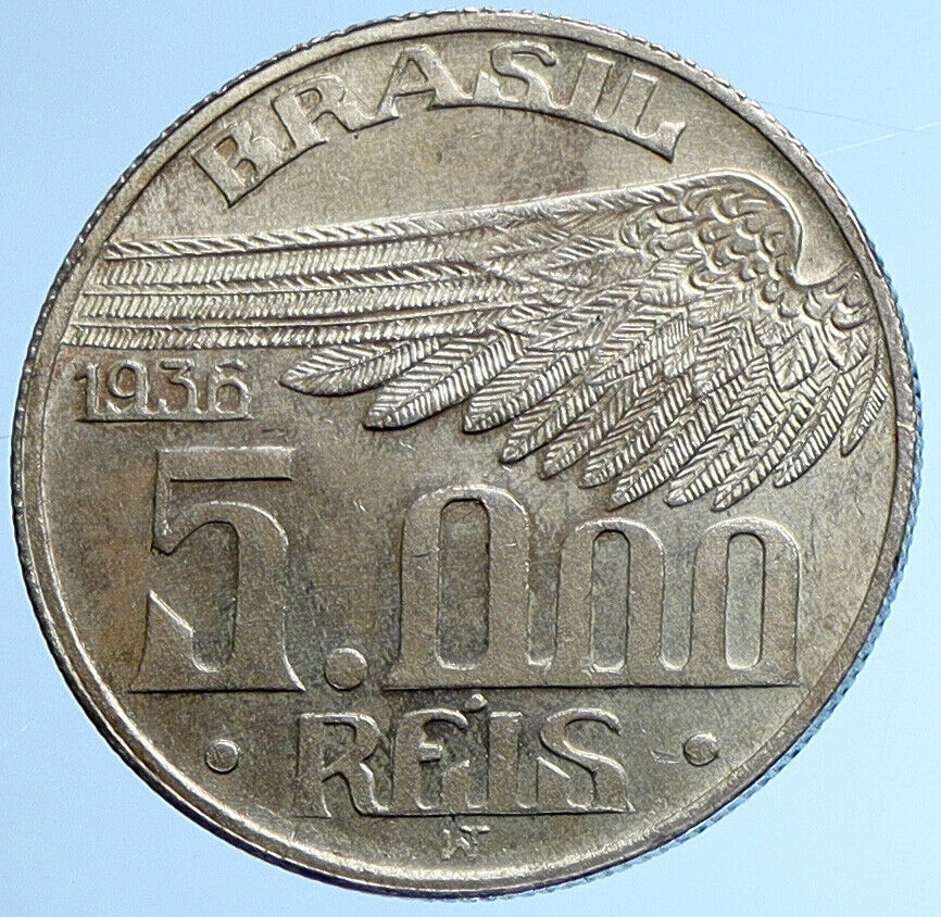 1936 BRAZIL Alberto Santos Dumont AVIATION Antique Silver 5000 Reis Coin i110037