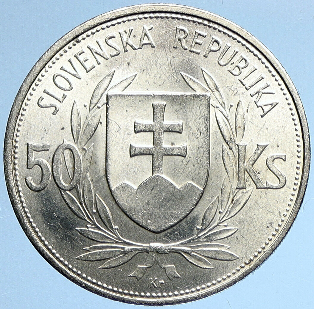 1944 SLOVAKIA REPUBLIC Jozef Tiso VINTAGE Silver 50 Korun Slovakian Coin i109874
