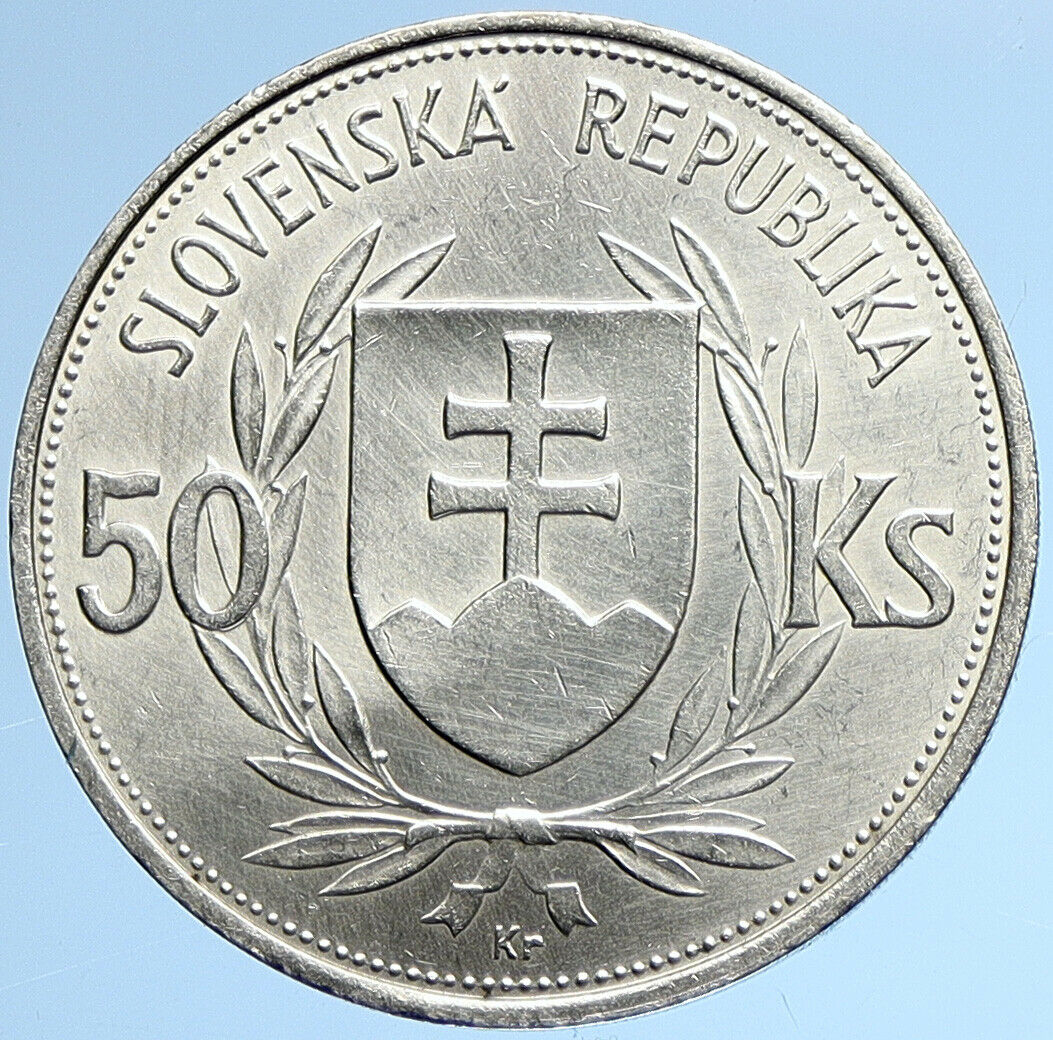 1944 SLOVAKIA REPUBLIC Jozef Tiso VINTAGE Silver 50 Korun Slovakian Coin i109873