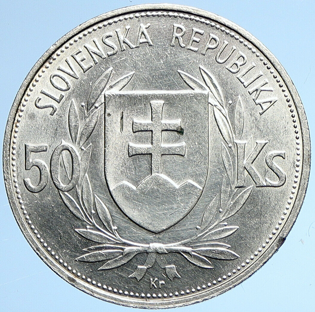 1944 SLOVAKIA REPUBLIC Jozef Tiso VINTAGE Silver 50 Korun Slovakian Coin i109872